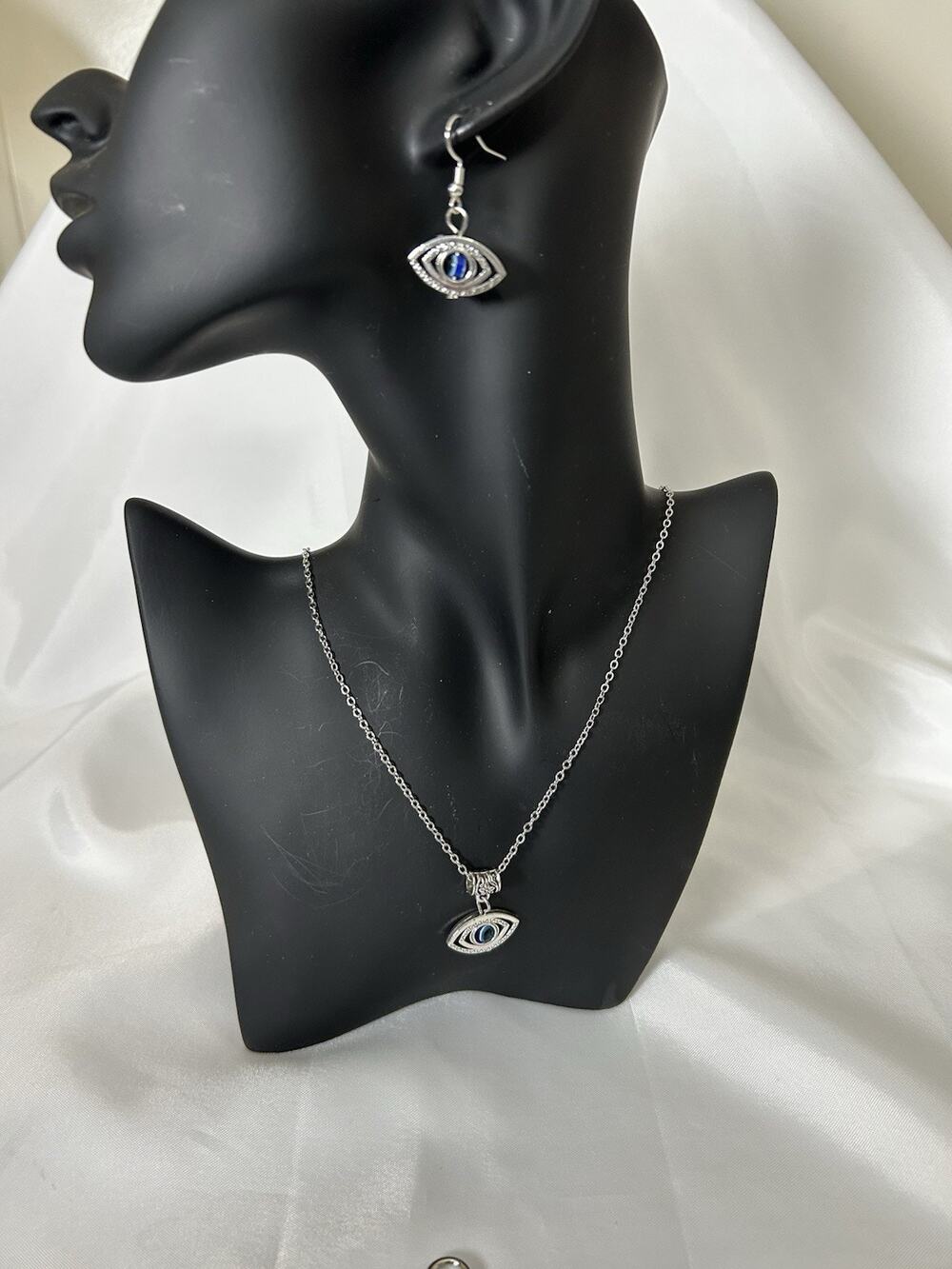 Cute Silver Tone Evil Eye Necklace, Earrings & Purse/ Keychain Charm Set